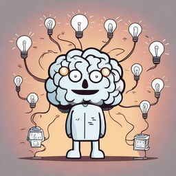 A detailed illustration of a human brain that appears to be actively thinking, with thought lines or light bulbs around it