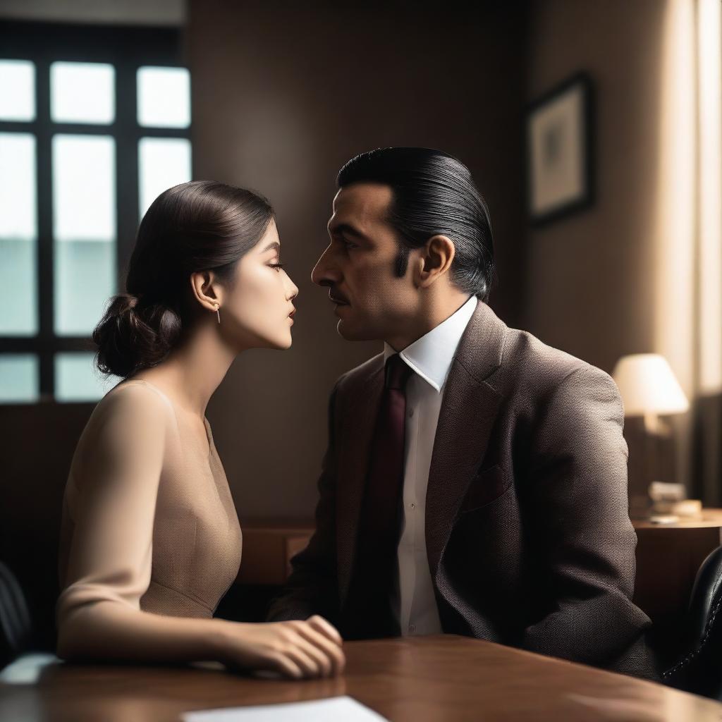 A mafia man and an innocent girl about to kiss in a private office