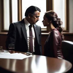 A mafia man and an innocent girl about to kiss in a private office