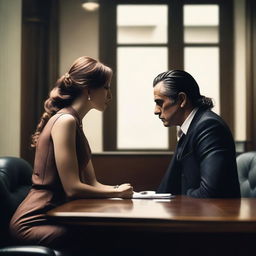 A mafia man and an innocent girl about to kiss in a private office