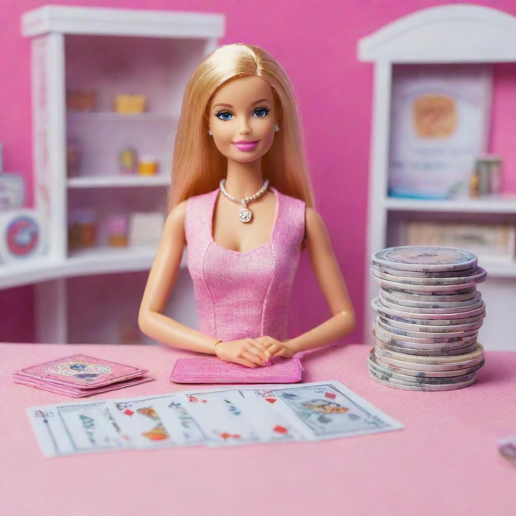 An adorable Barbie doll setup, in which she is playfully handling cash and a card, entertaining herself at her mini toy casino with a vibrant casino house background visible.