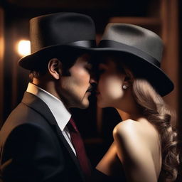 A mafia man and an innocent girl are about to kiss in a private, dark room