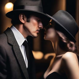 A mafia man and an innocent girl are about to kiss in a private, dark room