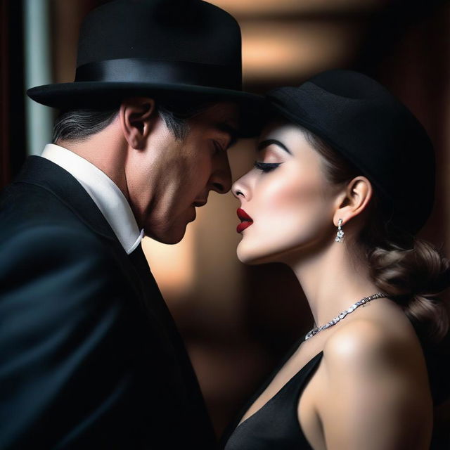 A mafia man and an innocent girl are about to kiss in a private, dark room