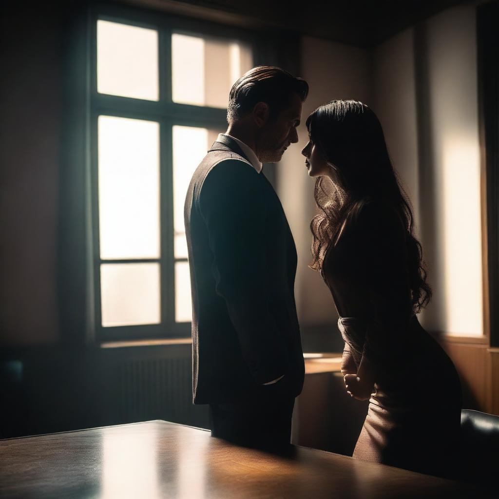 A mafia man and an innocent girl are about to kiss in a private office