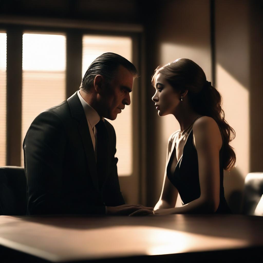 A mafia man and an innocent girl are about to kiss in a private office