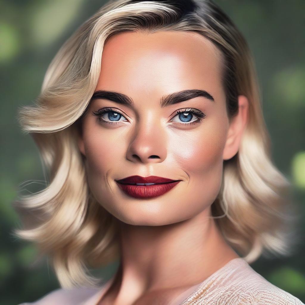 Create a realistic portrait of Margot Elise Robbie, capturing her elegance and charm