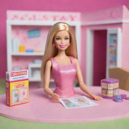 An adorable Barbie doll setup, in which she is playfully handling cash and a card, entertaining herself at her mini toy casino with a vibrant casino house background visible.