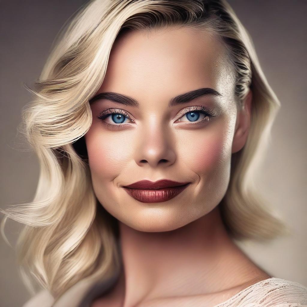 Create a realistic portrait of Margot Elise Robbie, capturing her elegance and charm