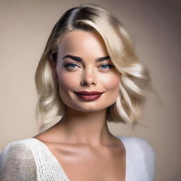 Create a realistic portrait of Margot Elise Robbie, capturing her elegance and charm