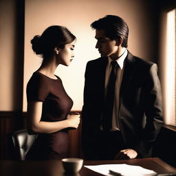 A young mafia man and an innocent girl are about to kiss in a private office