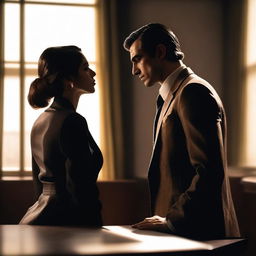 A young mafia man and an innocent girl are about to kiss in a private office