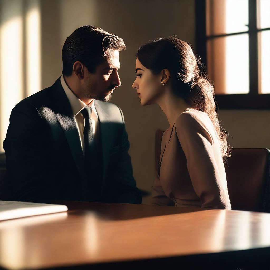 A young mafia man and an innocent girl are about to kiss in a private office