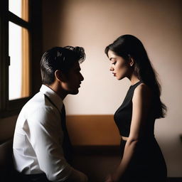 A high-quality photograph of a young mafia man and an innocent girl about to kiss in a private office