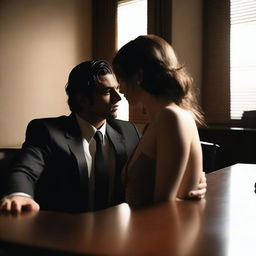 A high-quality photograph of a young mafia man and an innocent girl about to kiss in a private office