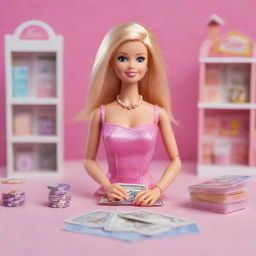 An adorable Barbie doll setup, in which she is playfully handling cash and a card, entertaining herself at her mini toy casino with a vibrant casino house background visible.