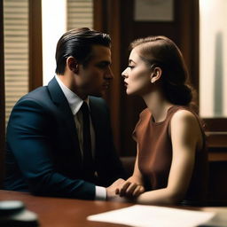 A high-quality photograph of a young mafia man and an innocent girl about to kiss in a private office