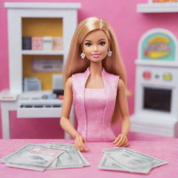 An adorable Barbie doll setup, in which she is playfully handling cash and a card, entertaining herself at her mini toy casino with a vibrant casino house background visible.