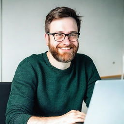 A very happy man with white skin, dark hair, and a three-day beard, approximately thirty years old, wearing a sweater and prescribed glasses