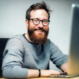 A very happy man with white skin, dark hair, and a three-day beard, approximately thirty years old, wearing a sweater and prescribed glasses