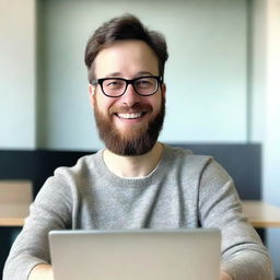 A very happy man with white skin, dark hair, and a three-day beard, approximately thirty years old, wearing a sweater and prescribed glasses
