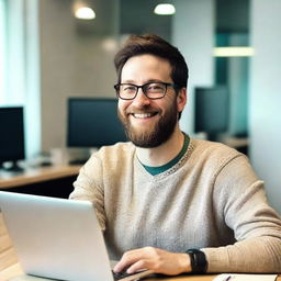 A very happy man with white skin, dark hair, and a three-day beard, approximately thirty years old, wearing a sweater and prescribed glasses