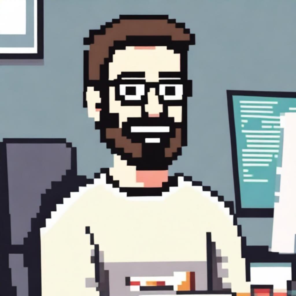 Pixel art of a pleased man with white skin, dark hair, and a three-day beard, approximately thirty years old, wearing a sweater and prescribed glasses