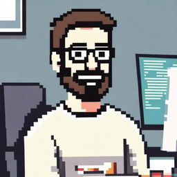Pixel art of a pleased man with white skin, dark hair, and a three-day beard, approximately thirty years old, wearing a sweater and prescribed glasses