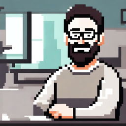 Pixel art of a pleased man with white skin, dark hair, and a three-day beard, approximately thirty years old, wearing a sweater and prescribed glasses