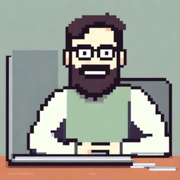 Pixel art of a pleased man with white skin, dark hair, and a three-day beard, approximately thirty years old, wearing a sweater and prescribed glasses