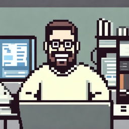 Pixel art of a pleased man with white skin, dark hair, and a three-day beard, approximately thirty years old, wearing a sweater and prescribed glasses