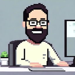 Pixel art of a pleased man with white skin, dark hair, and a three-day beard, approximately thirty years old, wearing a sweater and prescribed glasses