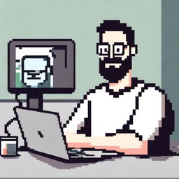 Pixel art of a pleased man with white skin, dark hair, and a three-day beard, approximately thirty years old, wearing a sweater and prescribed glasses