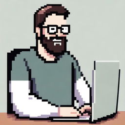 Pixel art of a pleased man with white skin, dark hair, and a three-day beard, approximately thirty years old, wearing a sweater and prescribed glasses