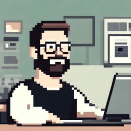 Pixel art of a pleased man with white skin, dark hair, and a three-day beard, approximately thirty years old, wearing a sweater and prescribed glasses