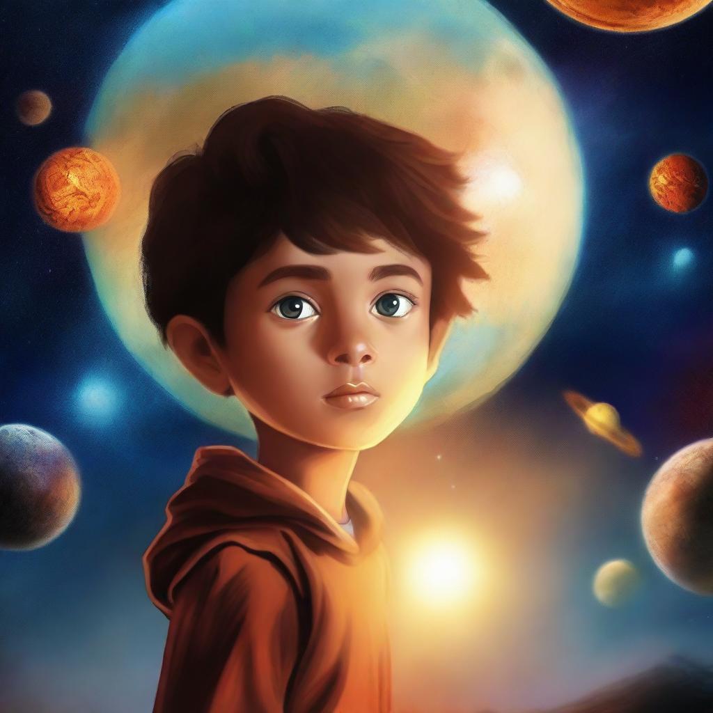 Create a book cover for a story about a young boy who lives on a planet where his father has powers and his mother does not