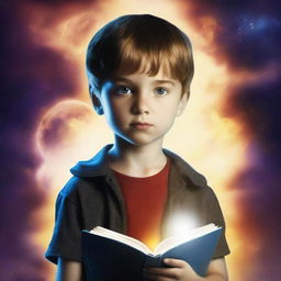 Create a book cover for a story about a young boy who lives on a planet where his father has powers and his mother does not