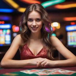 A charming and bold girl engaging in a high-stakes card game with cash in hand, against the backdrop of a lively casino house full of vibrant lights and colors.