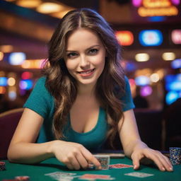 A charming and bold girl engaging in a high-stakes card game with cash in hand, against the backdrop of a lively casino house full of vibrant lights and colors.