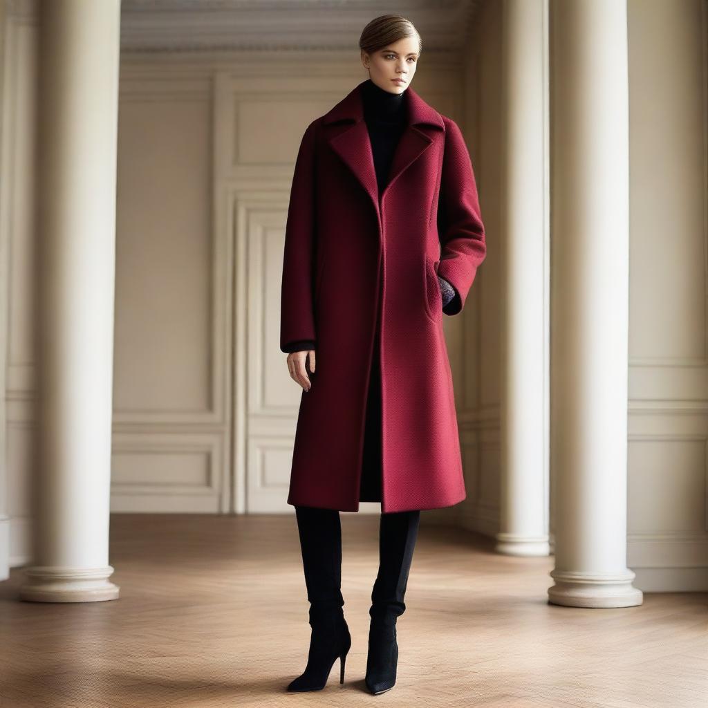 A stylish burgundy winter coat is positioned in front of a full-length mirror