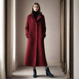 A stylish burgundy winter coat is positioned in front of a full-length mirror