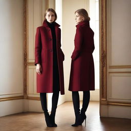 A stylish burgundy winter coat is positioned in front of a full-length mirror