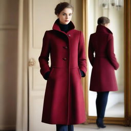 A stylish burgundy winter coat is positioned in front of a full-length mirror