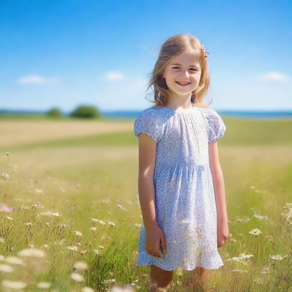 A serene image of a young girl standing in a beautiful meadow, with flowers blooming around her and a clear blue sky overhead