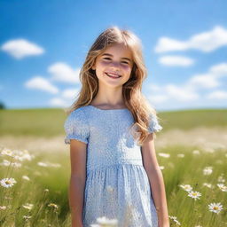 A serene image of a young girl standing in a beautiful meadow, with flowers blooming around her and a clear blue sky overhead