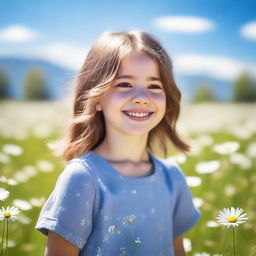 A serene image of a young girl standing in a beautiful meadow, with flowers blooming around her and a clear blue sky overhead