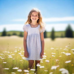 A serene image of a young girl standing in a beautiful meadow, with flowers blooming around her and a clear blue sky overhead