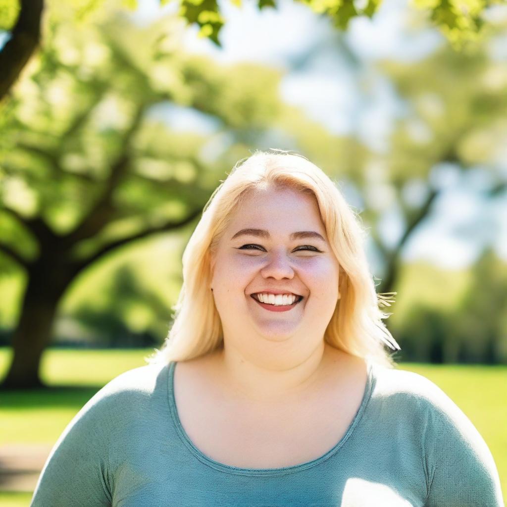 A cheerful, chubby blonde person with a big smile, wearing casual clothes and standing in a sunny park