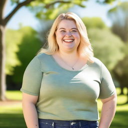 A cheerful, chubby blonde person with a big smile, wearing casual clothes and standing in a sunny park