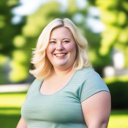 A cheerful, chubby blonde person with a big smile, wearing casual clothes and standing in a sunny park